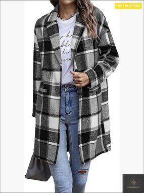 Plaid Wool Blend Trench Coat Oversized Chic Vintage Fall Winter Layering